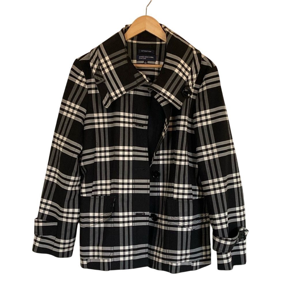 Jones New York Women's Plaid Short Trench Jacket‎ Size L Black White Classic